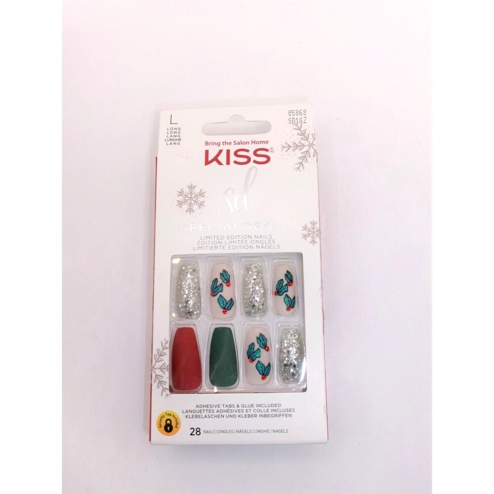 Kiss Christmas Holly Long Nails Press or Glue On Red Green Glitter & Holly Leaf